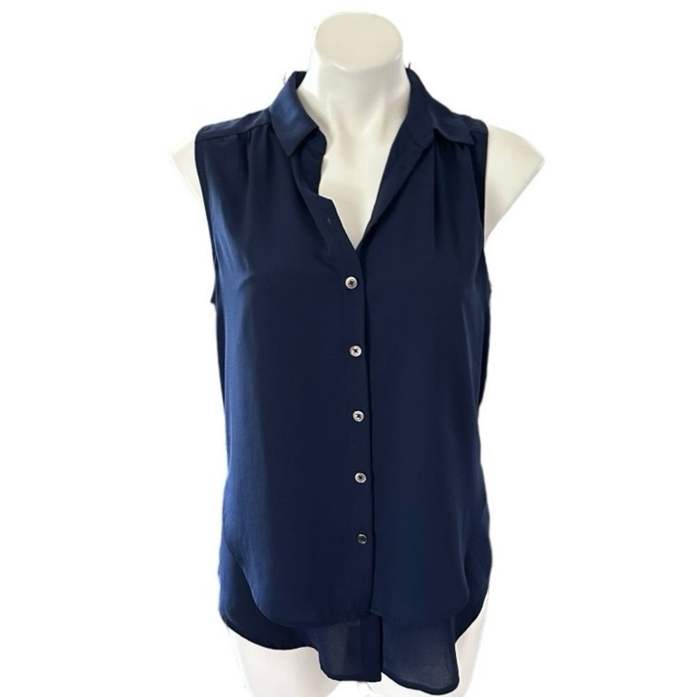 Maeve Anthropologie Navy Blue Double Layer Button Front Sleeveless Blous…